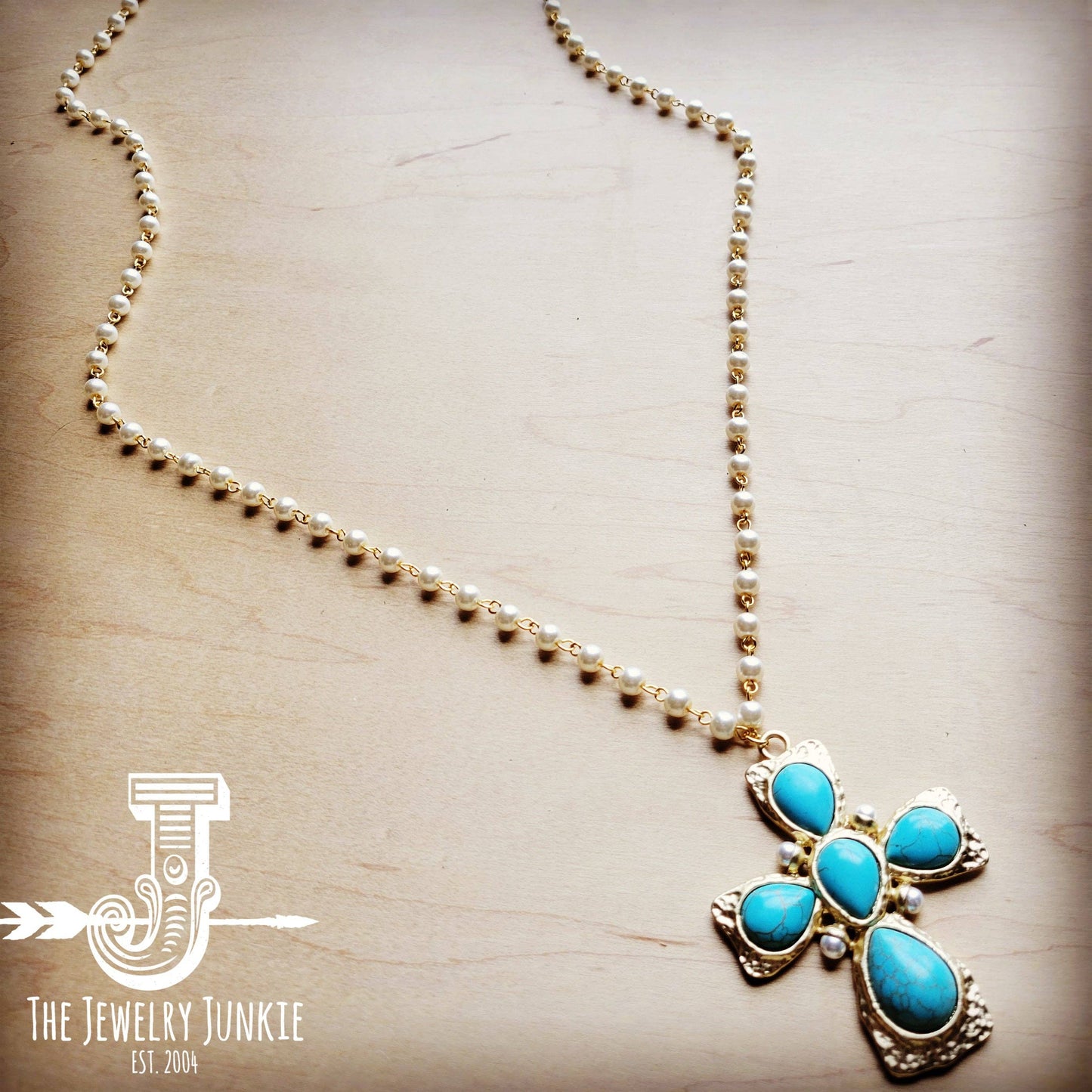 Long Pearl Beaded Necklace with Matte Gold Turquoise Cross