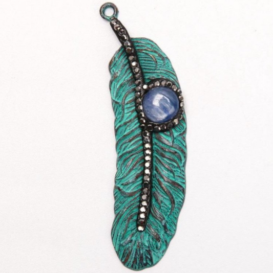 Metal Feather Shape Pendant w Kyanite