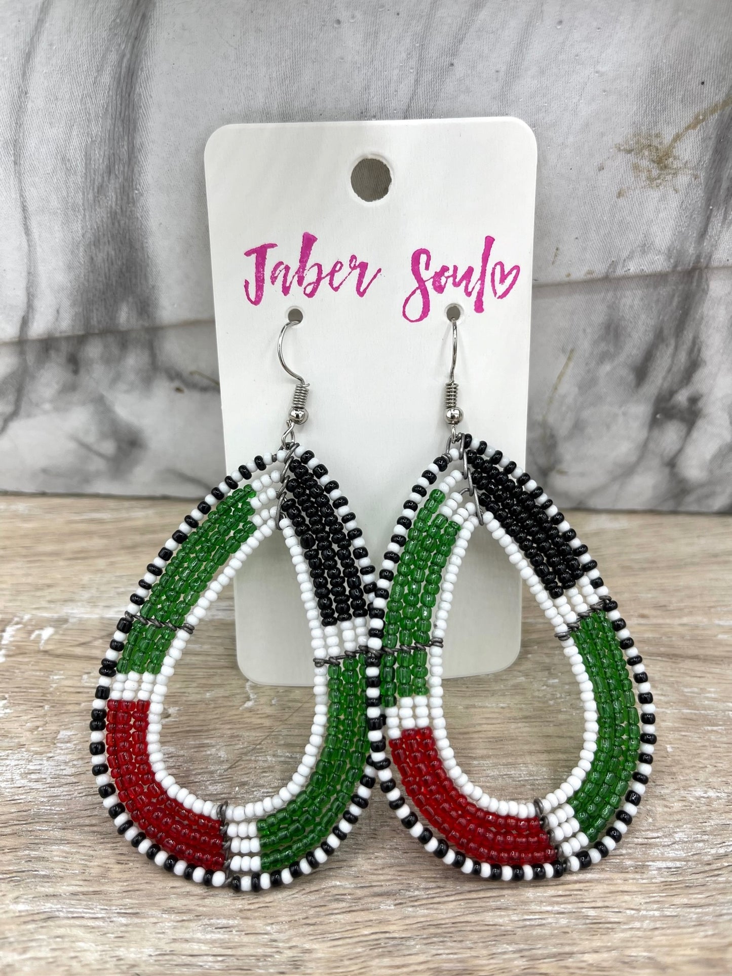Green Red Black White Kenyan Beaded Earrings