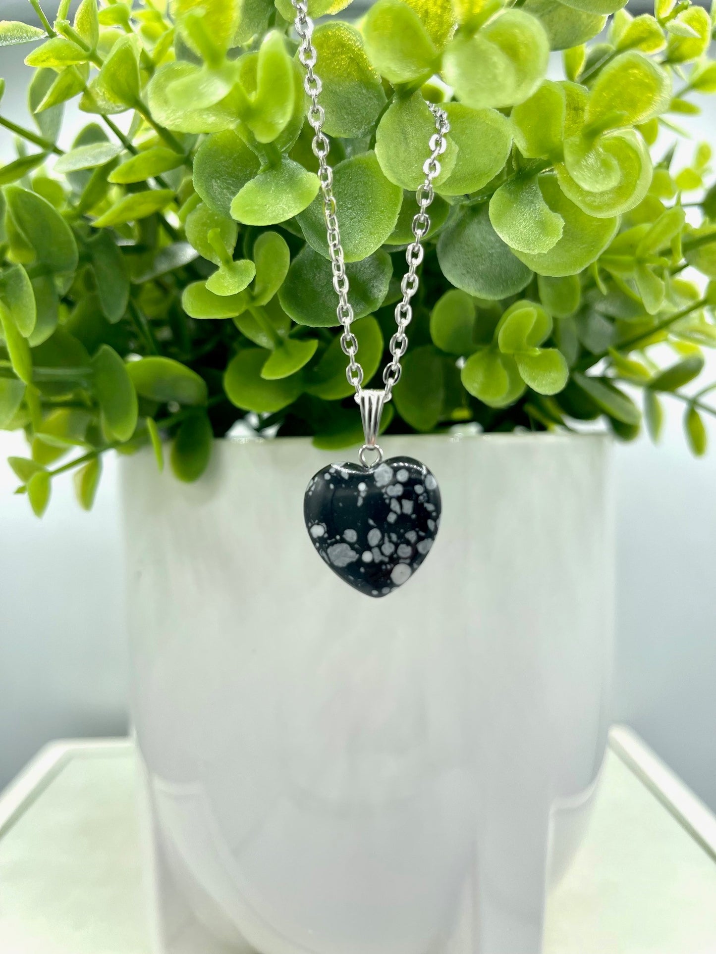 Snowflake Obsidian Crystal Heart Necklace