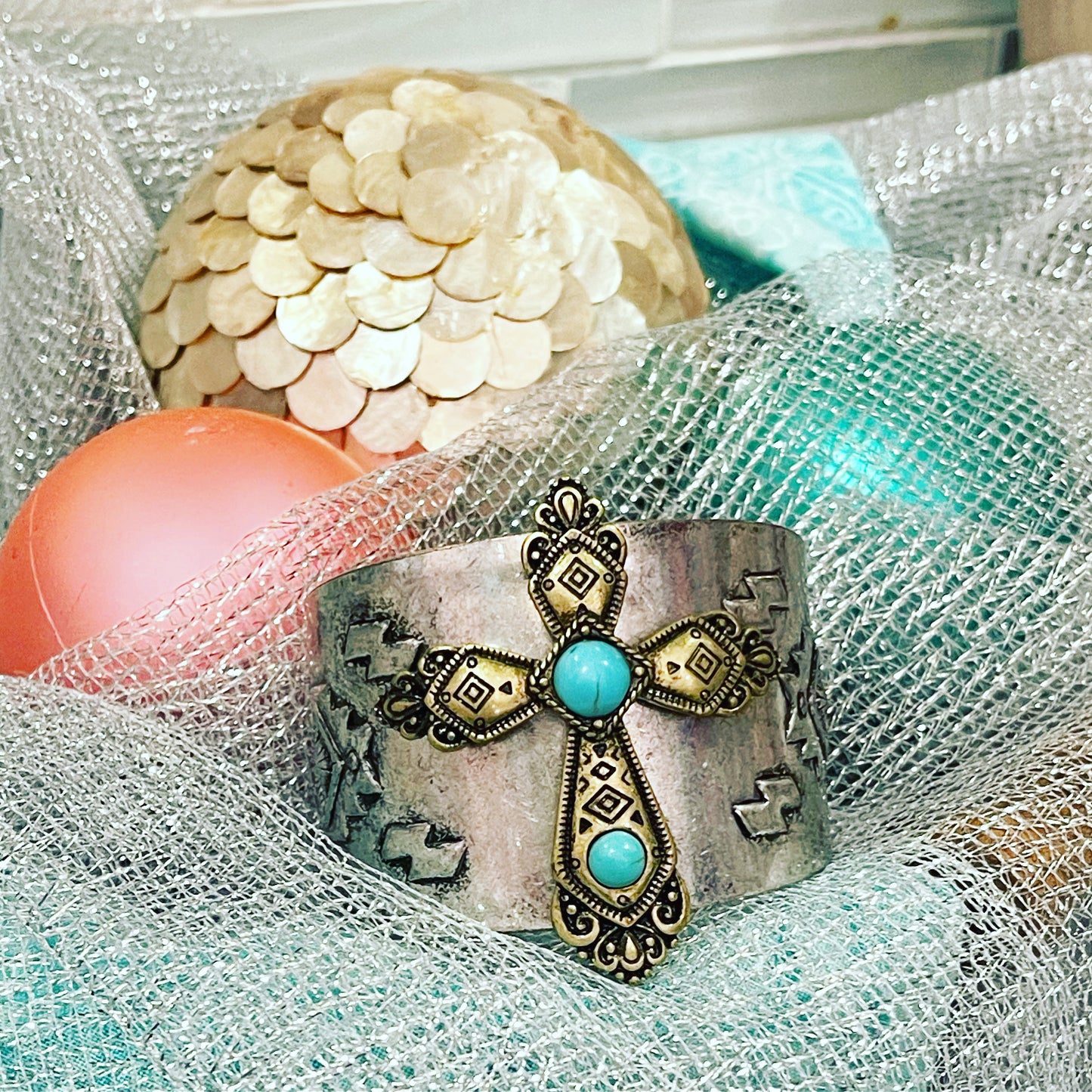 Western Cross Cuff Two Tone Bracelet Turquoise Colored Stones