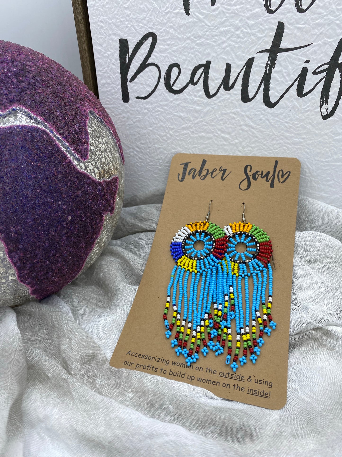 Light Blue Fringe Beads with Colorful Beaded Accents Kenyan Earrings