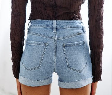 Exposed Button High Rise Denim Shorts