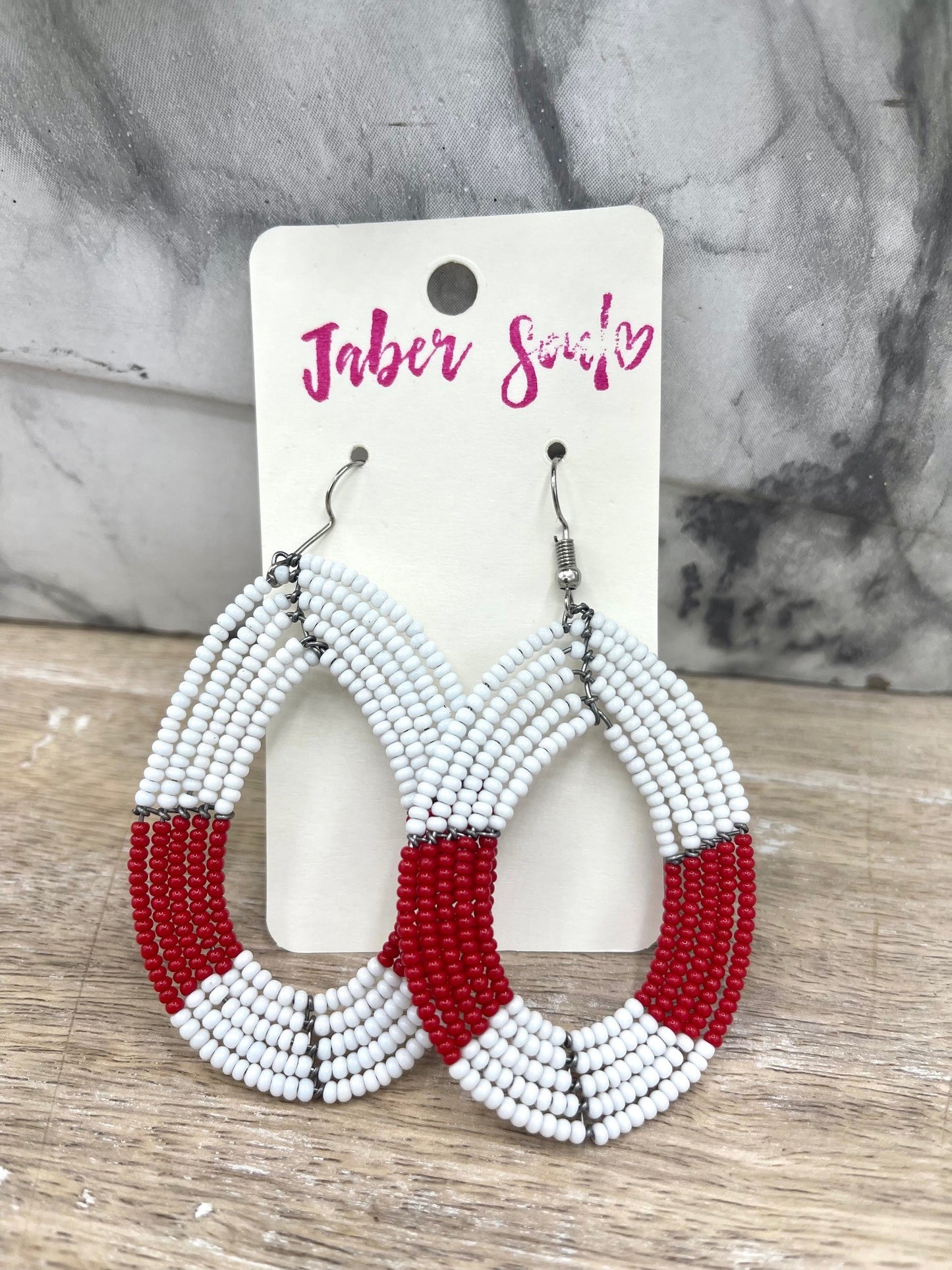 White & Red Kenyan Beaded Earrings