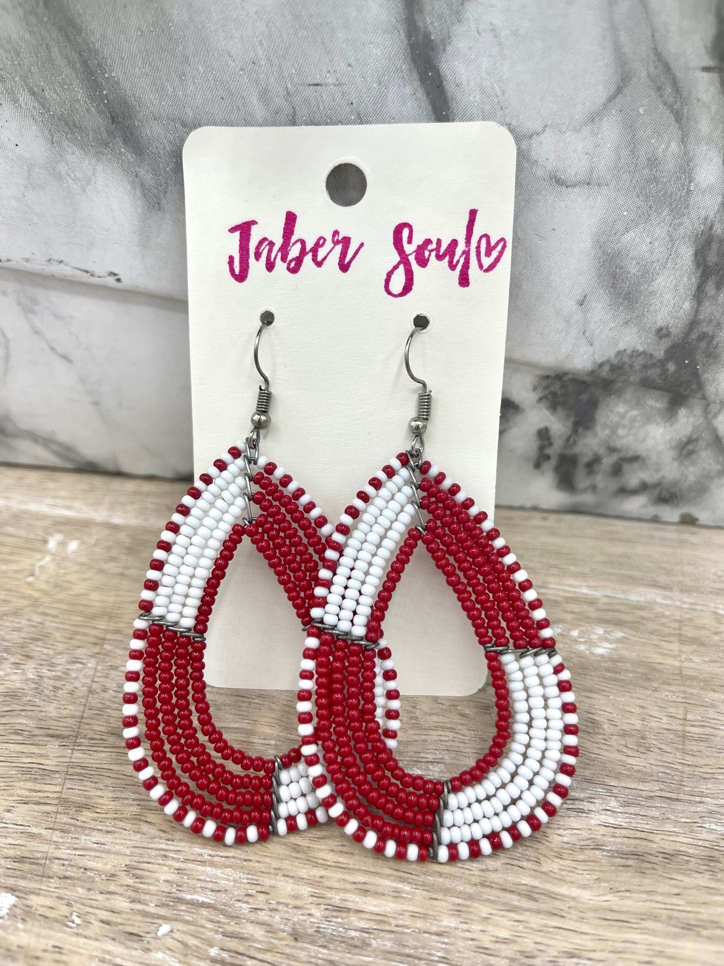 Red, White & Red Kenyan Beaded Earrings