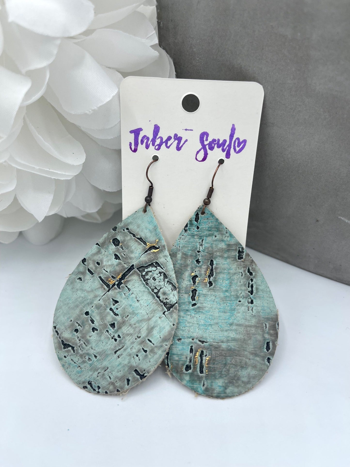 Leather Tear Drop Turquoise & Gold Earrings