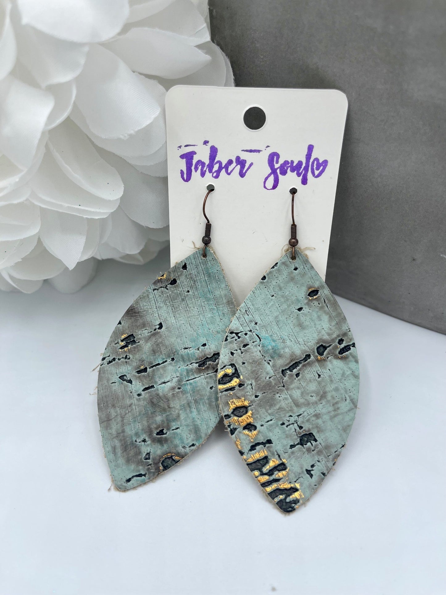 Leather Tear Drop Turquoise & Gold Earrings
